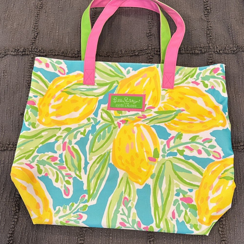 Lilly Pulitzer Estée Lauder Lemon Aqua Blue Lime Print Tote w/ Fuchsia Interior